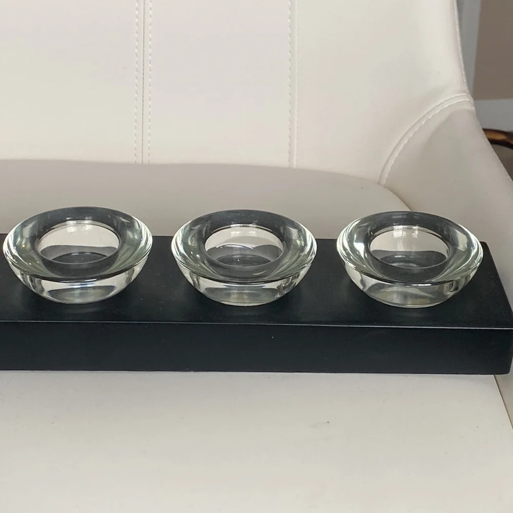 Vintage Pier 1 Black Wood 5 Glass Tea Light Candle Holder Tray.